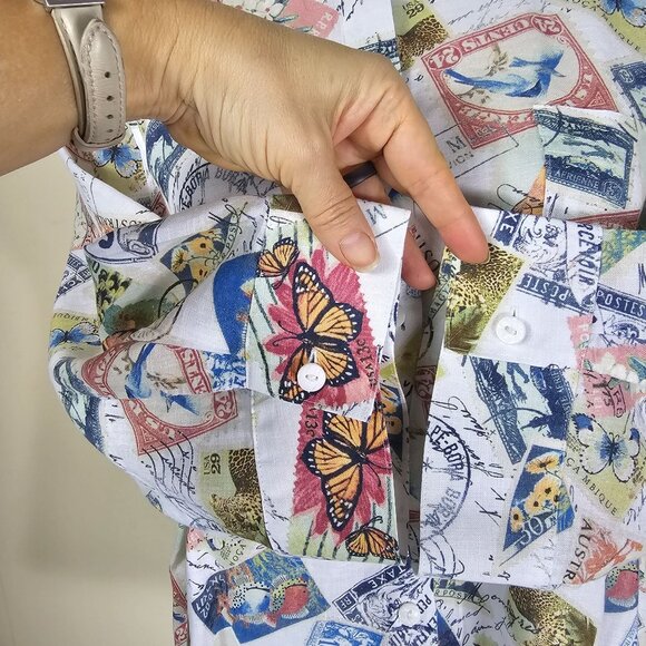 Chicos No-Iron Linen Button Up Shirt XL Postcard Print Coastal Artsy Travel - Picture 12 of 12